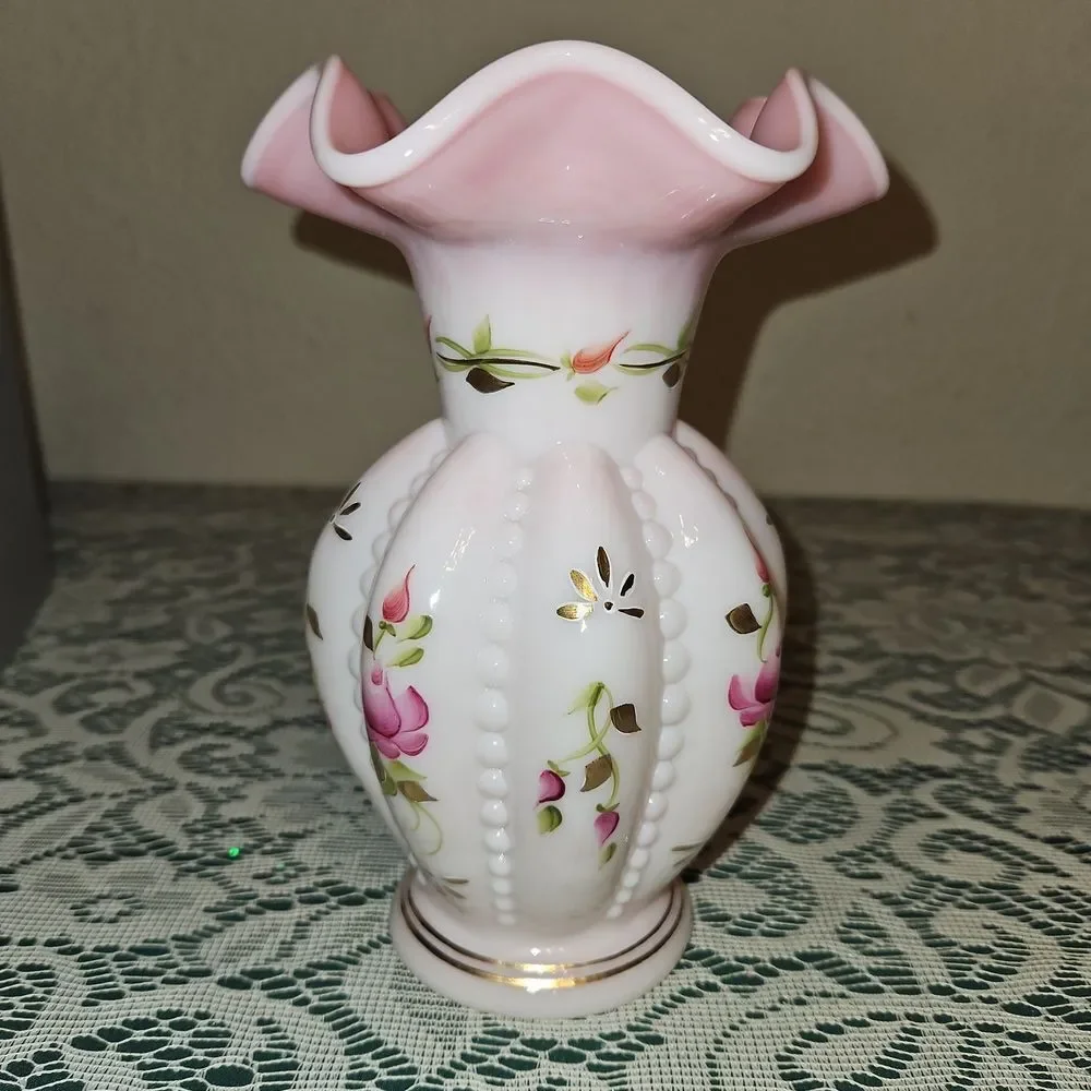 Fenton Rosalene Charleton Collection Hand Painted Beaded Melon Vase